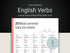 A high-contrast banner showcasing a language learning template titled "25 Most Common English Verbs" available as a PDF and editable Canva file