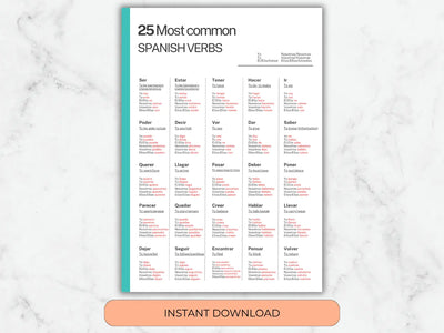 Sheet of paper with Spanish verbs on a marble background