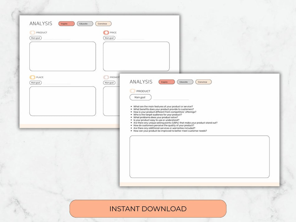 Product analysis template with text and buttons on a white background