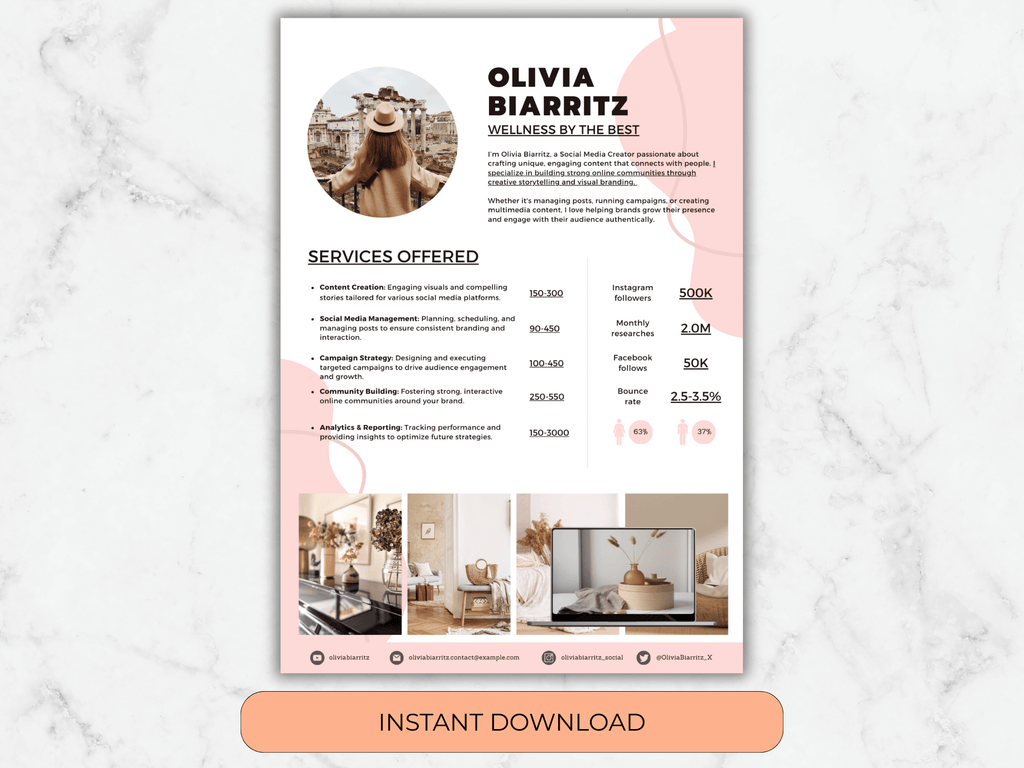 Resume template with a pink and white design on a marble background