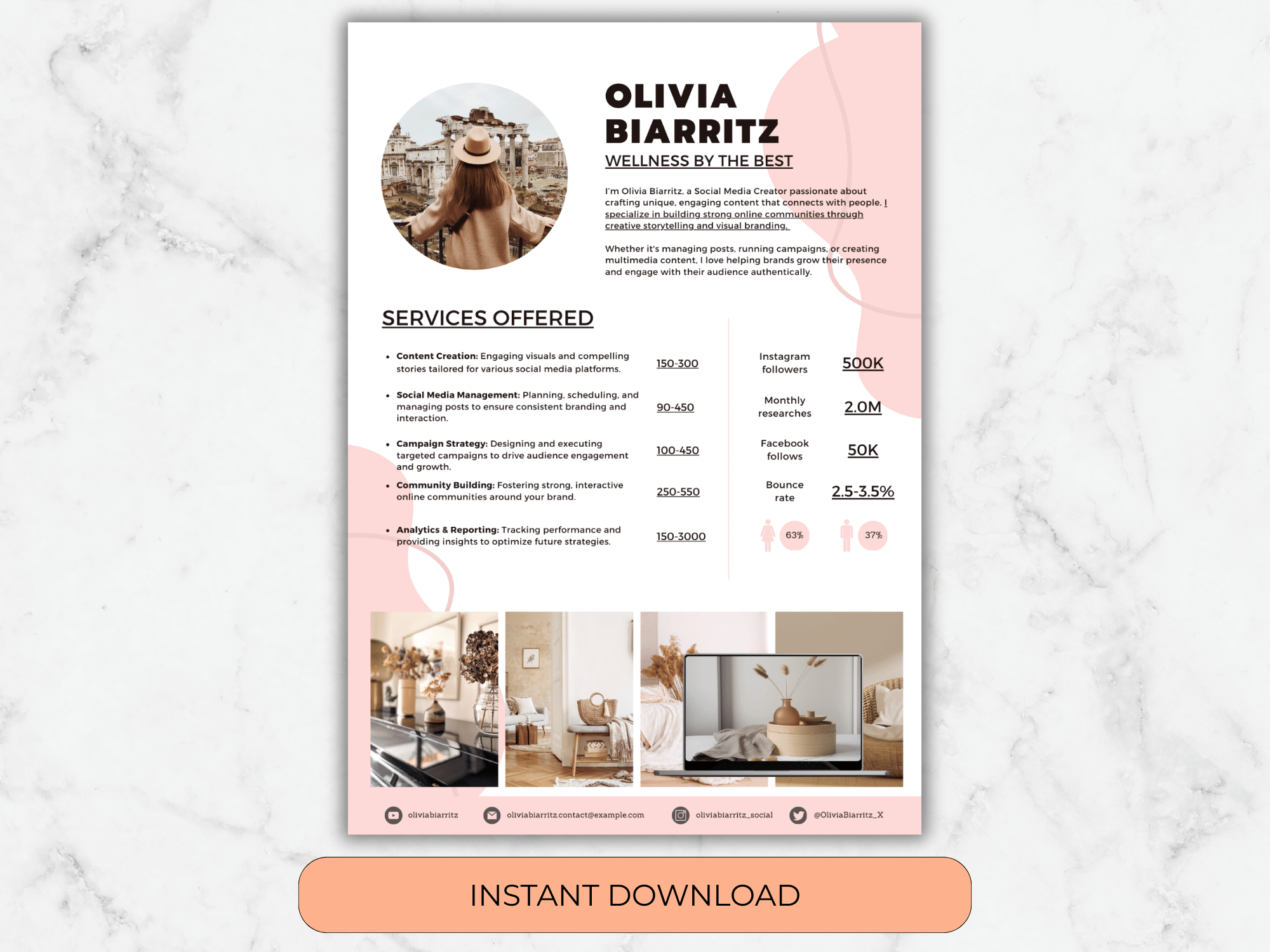 Resume template with a pink and white design on a marble background