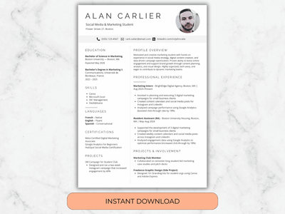 Resume template with a marble background and 'Instant Download' button.