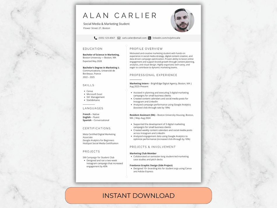 Resume template with a marble background and 'Instant Download' button.