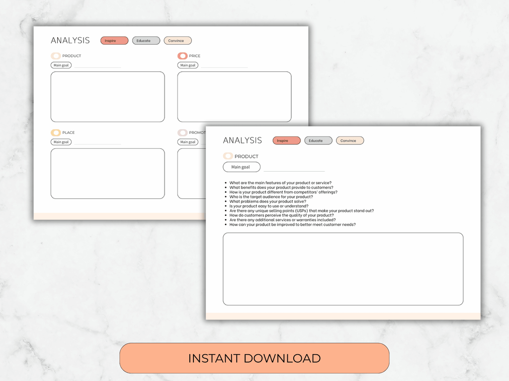Two white sheets of paper with text and buttons on a marble surface, featuring an 'Instant Download' button.