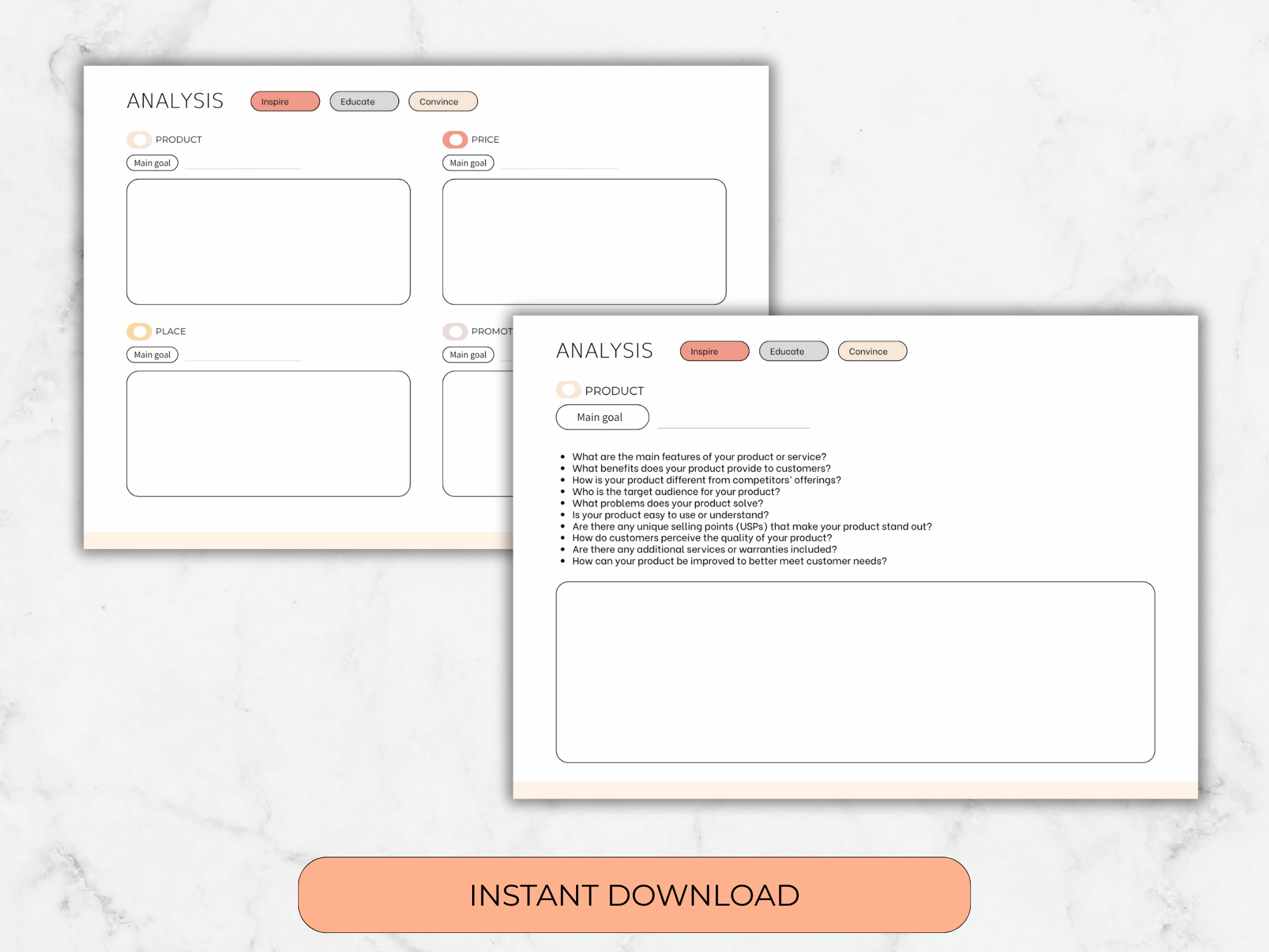 Two white sheets of paper with text and buttons on a marble surface, featuring an 'Instant Download' button.