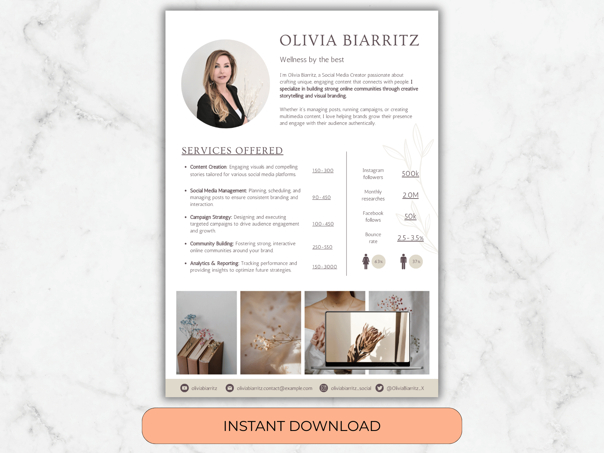 Resume template with a photo of a woman on a marble background