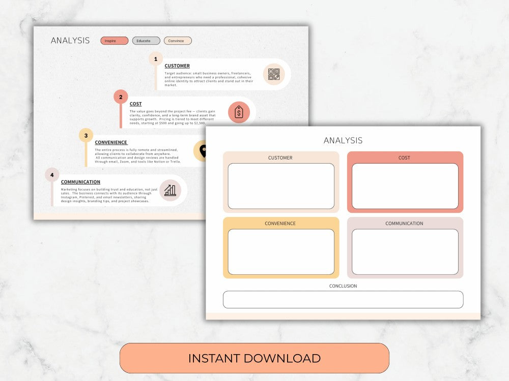 Two design templates for analysis with labels on a marble background, featuring 'Instant Download' text.