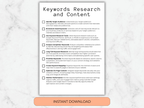 Keywords research checklist on a marble background with an 'Instant Download' button.