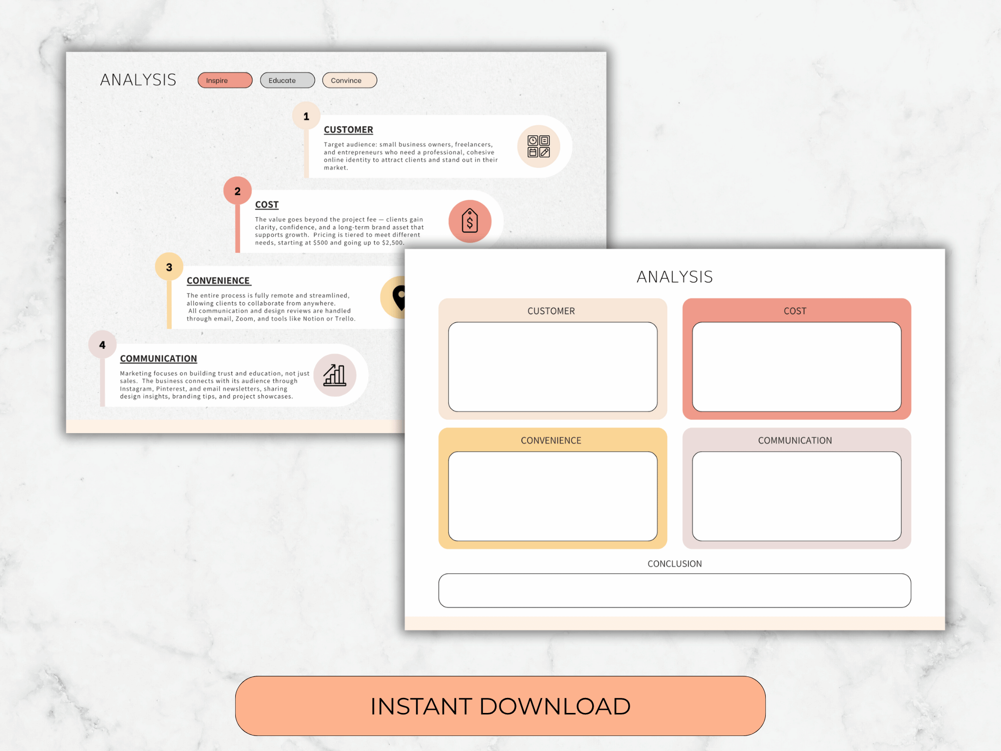 Two design templates for analysis with labels on a marble background, featuring 'Instant Download' text.