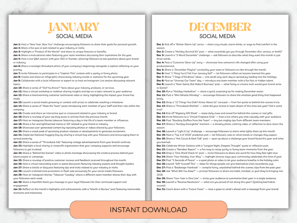 Two pages showing social media content ideas for January and December with an 'Instant Download' button.