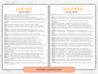Two pages showing social media content ideas for January and December with an 'Instant Download' button.