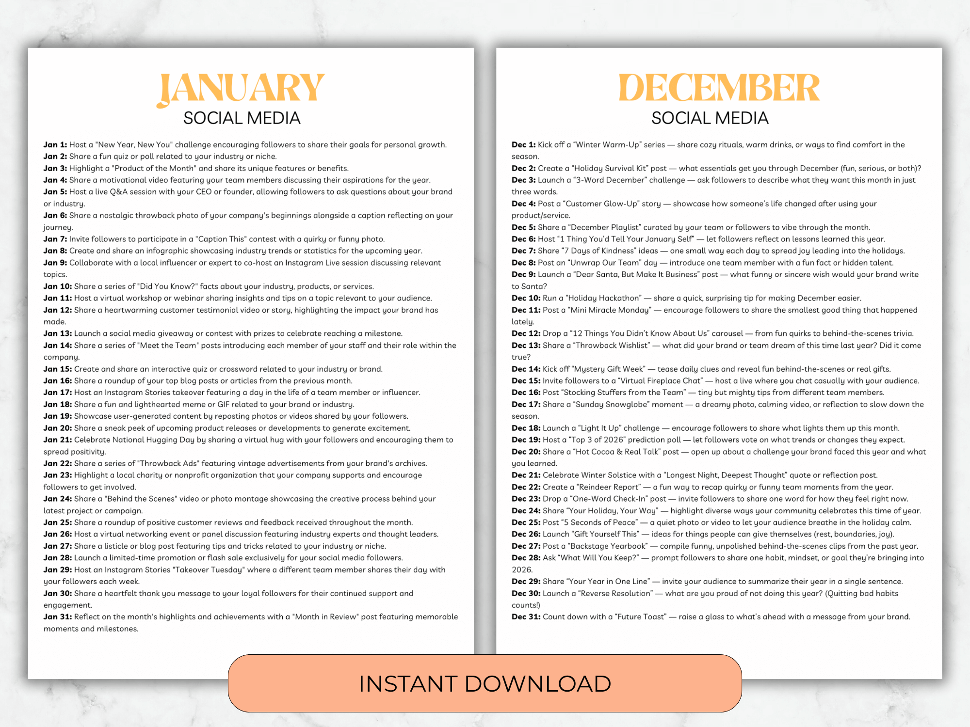 Two pages showing social media content ideas for January and December with an 'Instant Download' button.