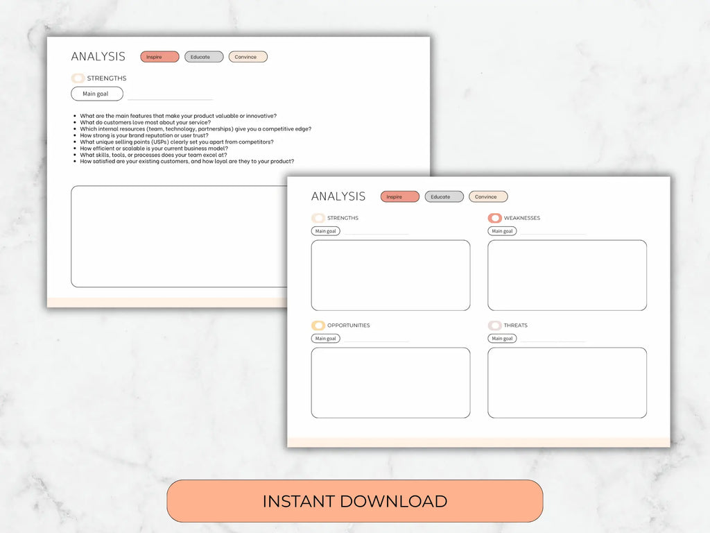 Two digital analysis template pages displayed on a light marble background, with an orange 'INSTANT DOWNLOAD' button below. The templates have a clean white layout with soft peach and gray accents and sections labeled Strengths, Weaknesses, Opportunities, and Threats.