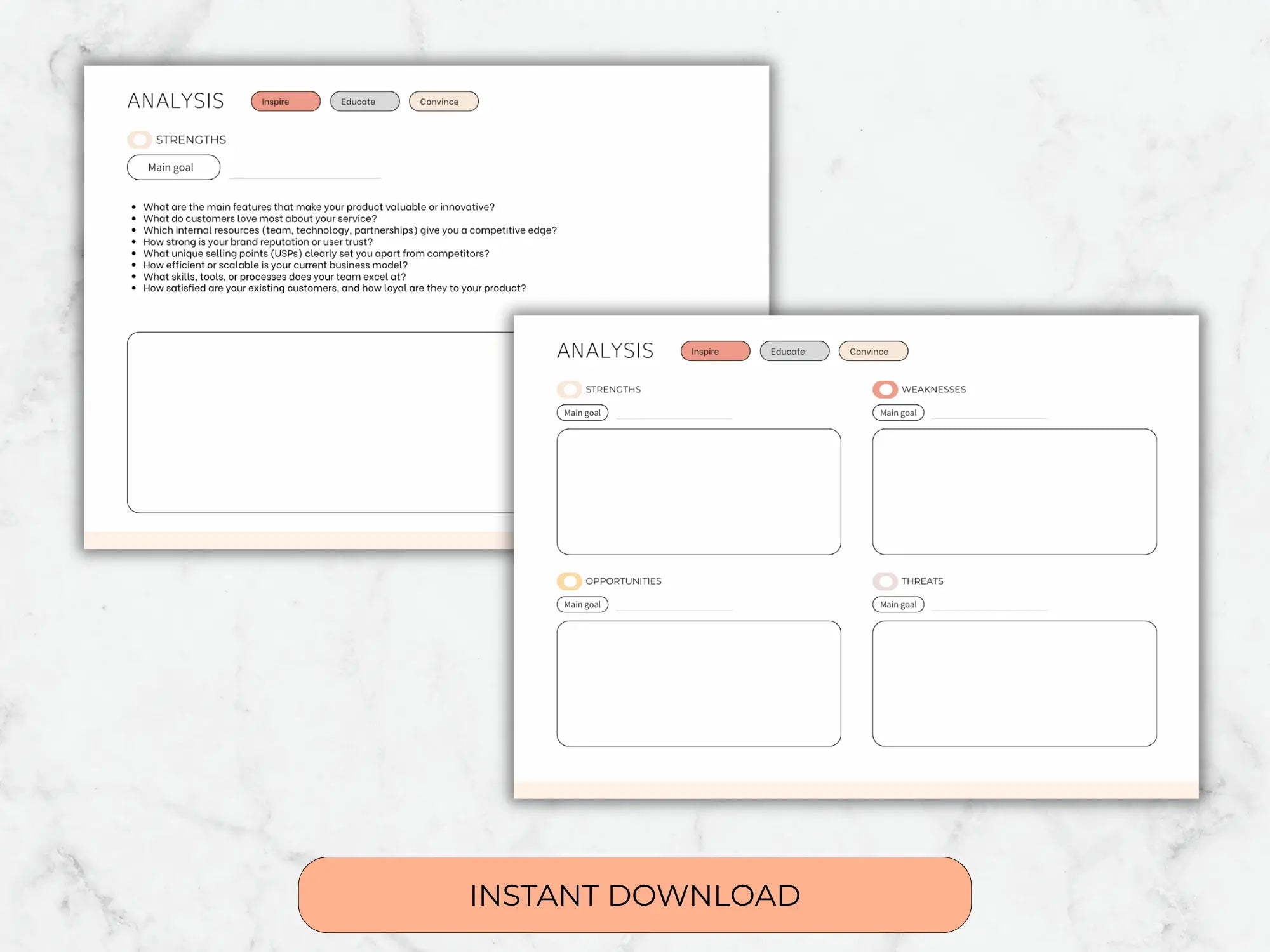 Two digital analysis template pages displayed on a light marble background, with an orange 'INSTANT DOWNLOAD' button below. The templates have a clean white layout with soft peach and gray accents and sections labeled Strengths, Weaknesses, Opportunities, and Threats.