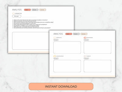 Two digital analysis template pages displayed on a light marble background, with an orange 'INSTANT DOWNLOAD' button below. The templates have a clean white layout with soft peach and gray accents and sections labeled Strengths, Weaknesses, Opportunities, and Threats.