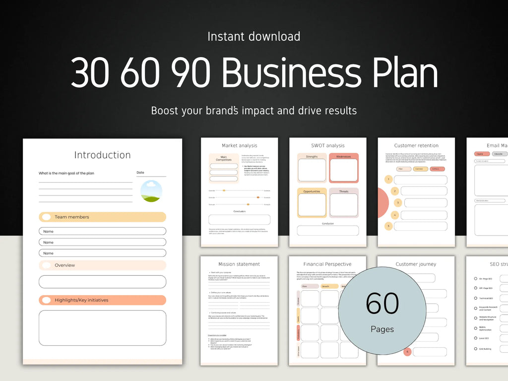 60-page business plan template with sections on a black background