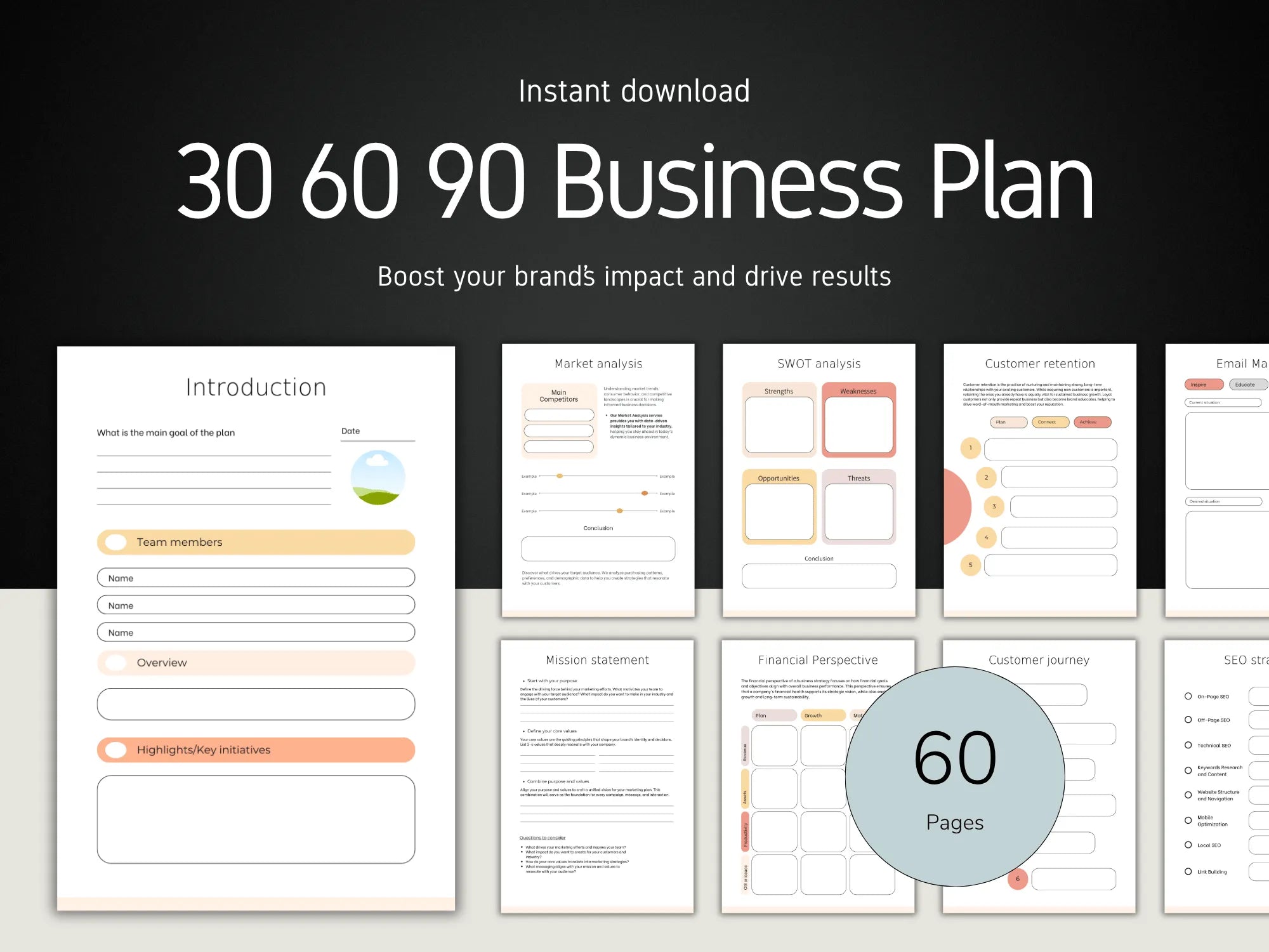 60-page business plan template with sections on a black background