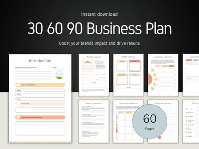 60-page business plan template with sections on a black background