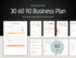 60-page business plan template with sections on a black background