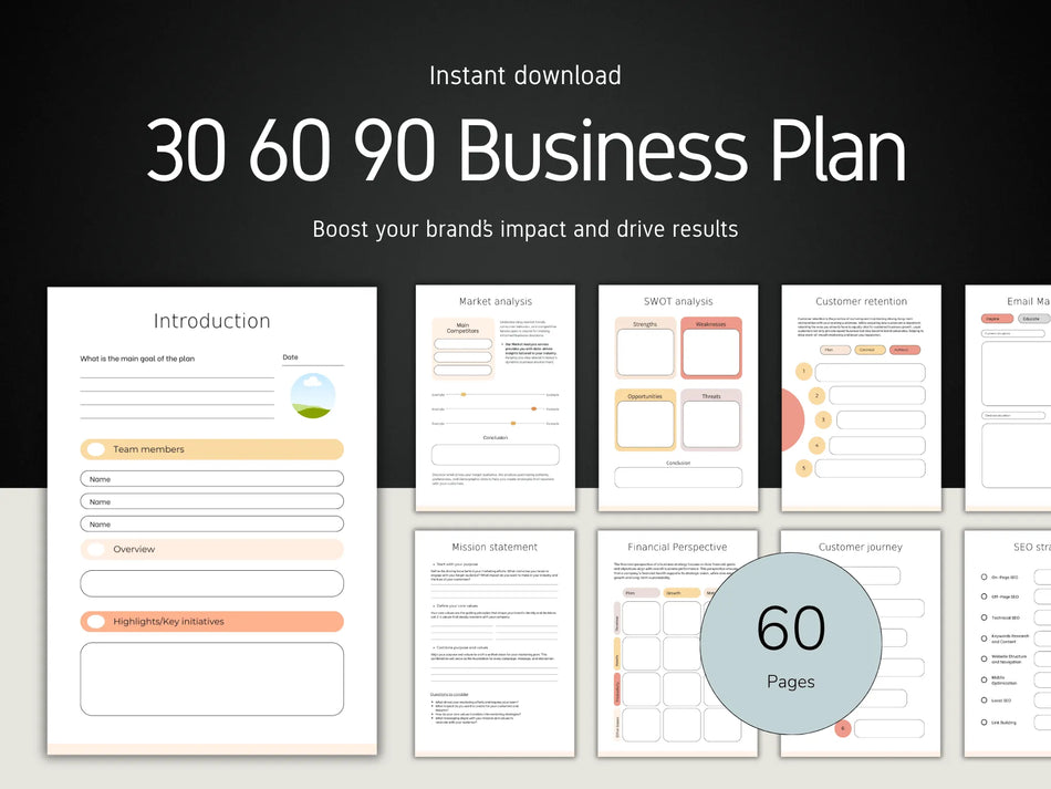 60-page business plan template with sections on a black background