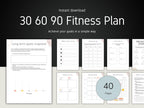 30 60 90 Fitness Plan with multiple pages displayed on a dark background