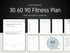 30 60 90 Fitness Plan with multiple pages displayed on a dark background