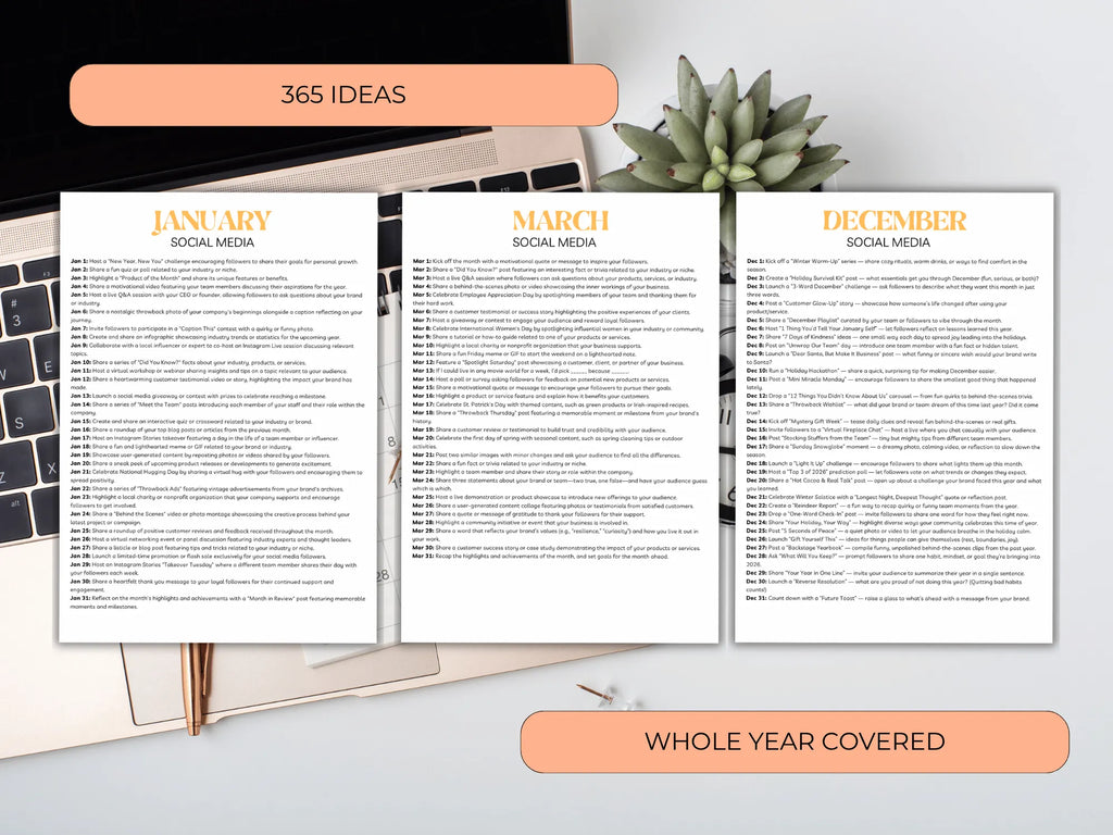 Three pages from a planner showing social media ideas for different months, with a laptop and plant in the background.
