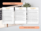 Three pages from a planner showing social media ideas for different months, with a laptop and plant in the background.