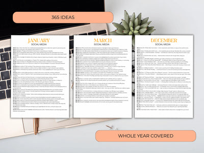 Three pages from a planner showing social media ideas for different months, with a laptop and plant in the background.