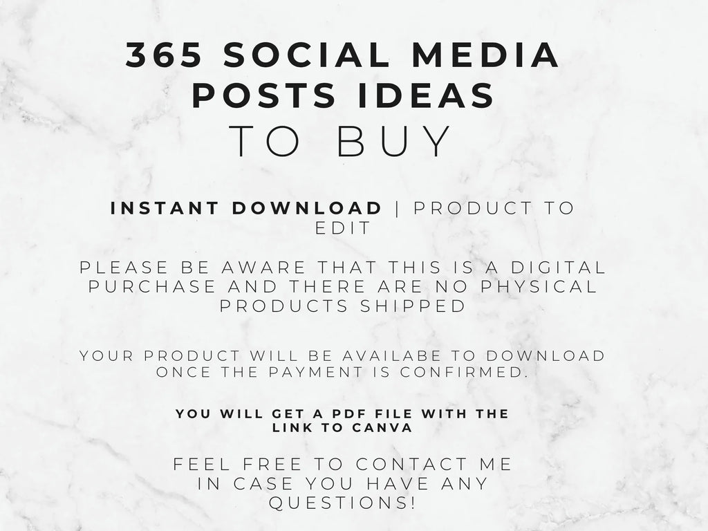 Text on a marble background about 365 social media posts ideas to buy with download information.