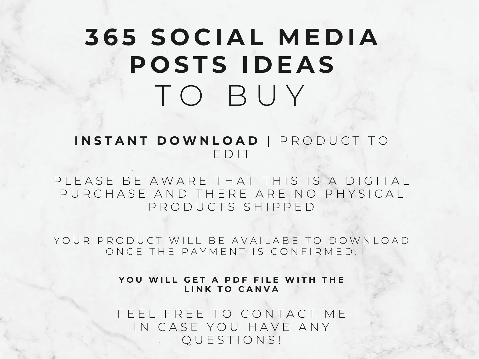 Text on a marble background about 365 social media posts ideas to buy with download information.
