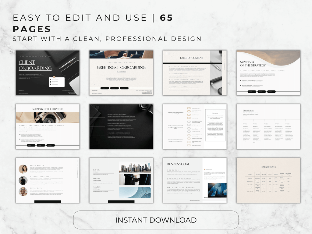 Collection of 65 pages with a clean, professional design on a marble background.