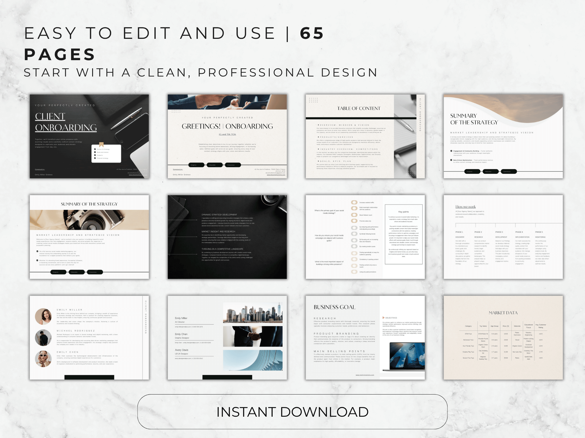 Collection of 65 pages with a clean, professional design on a marble background.