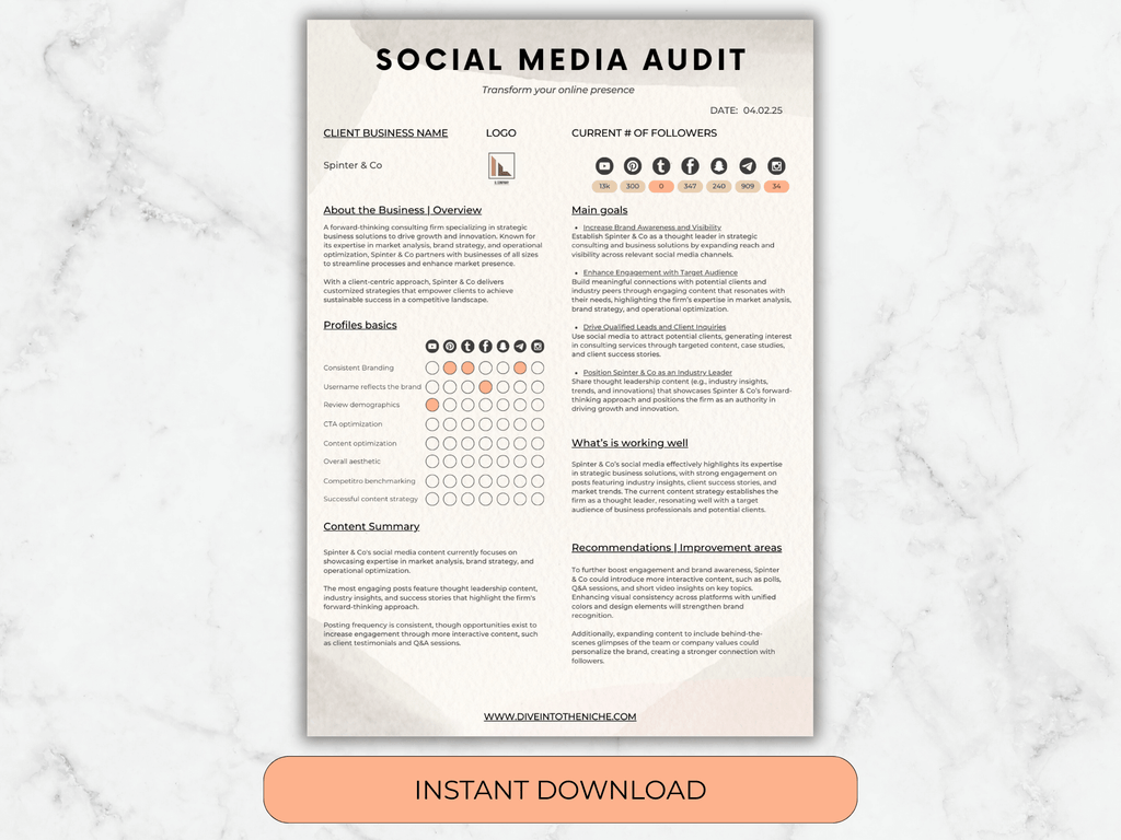 Social media audit report template on a marble background with an 'Instant Download' button.
