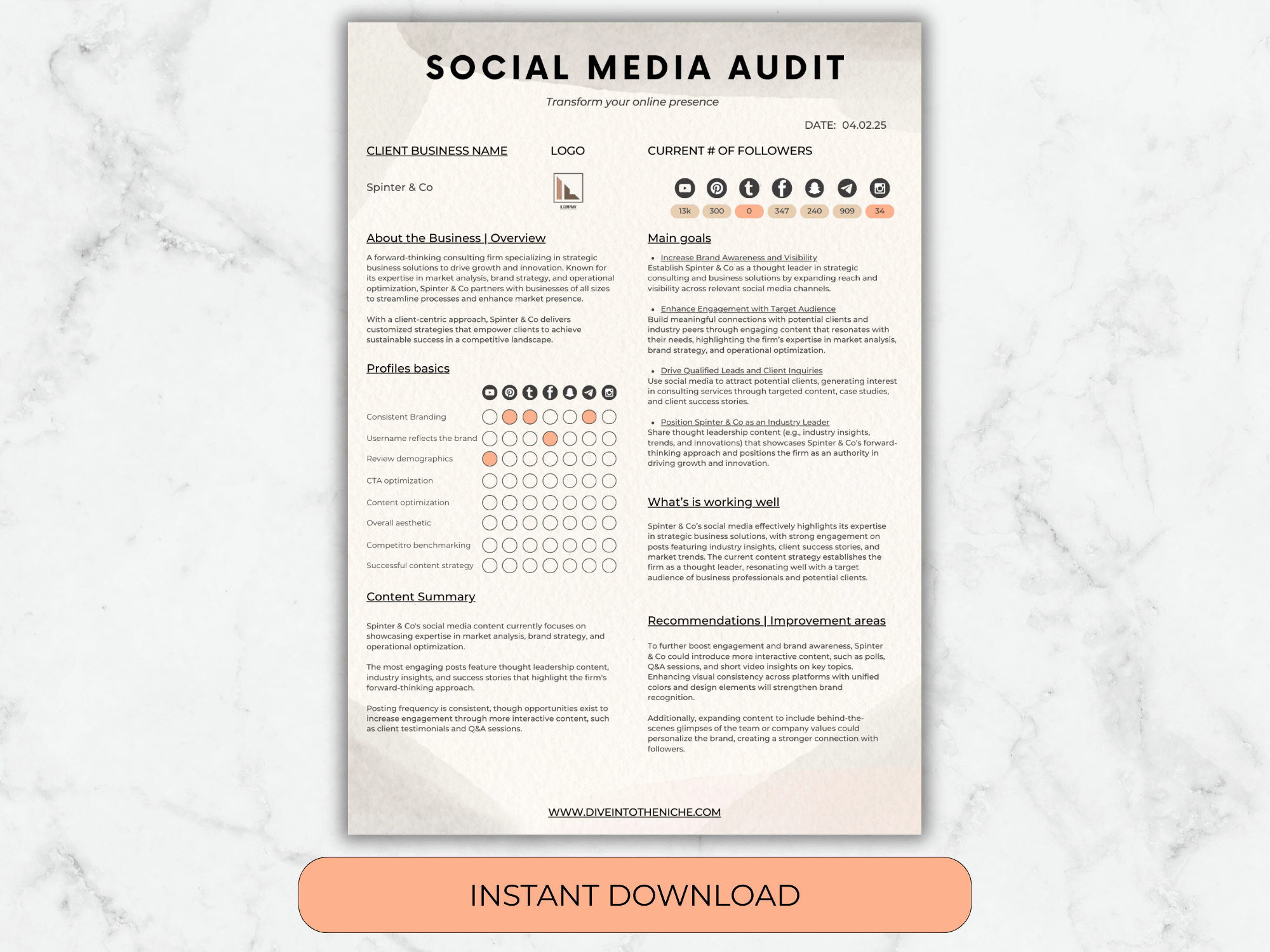 Social media audit report template on a marble background with an 'Instant Download' button.