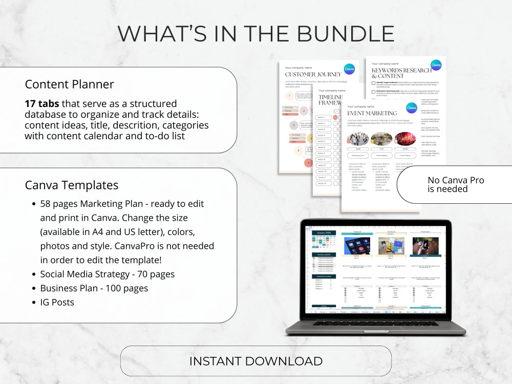 Promotional graphic for a bundle of content planner and Canva templates with a laptop displaying templates.