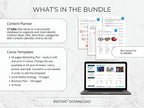 Promotional graphic for a bundle of content planner and Canva templates with a laptop displaying templates.