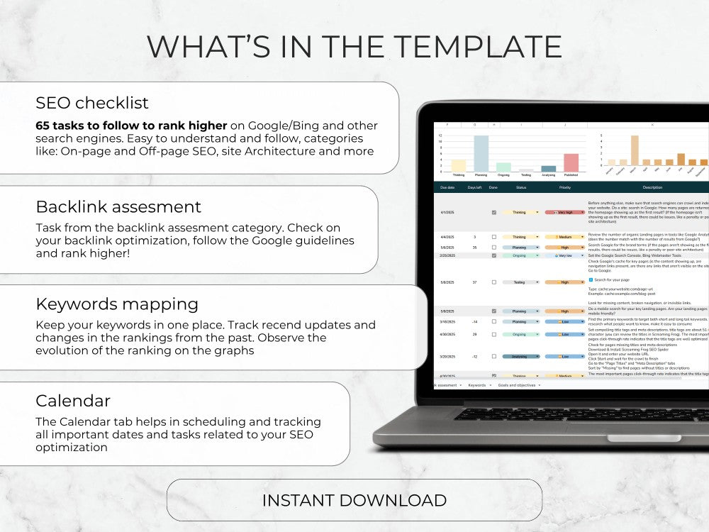 Laptop displaying SEO optimization tools with text on a light gray background