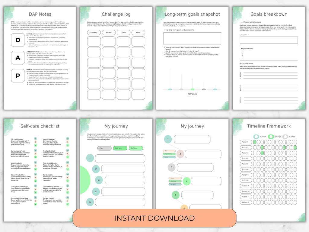 Collection of goal-setting and self-care worksheets with a green and white color scheme.