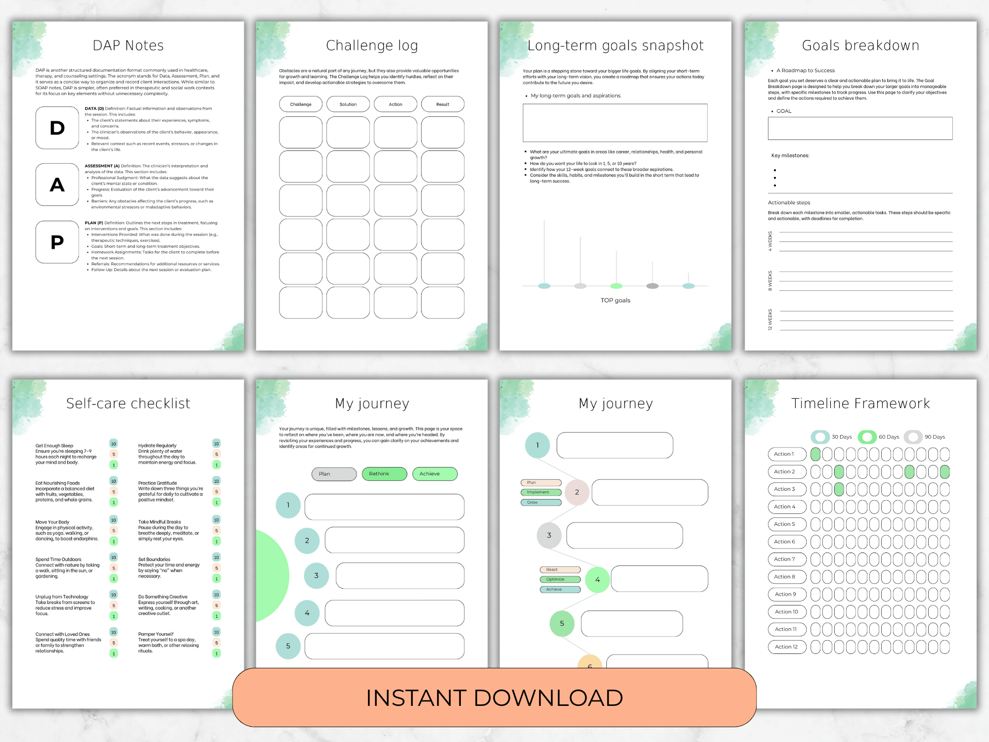 Collection of goal-setting and self-care worksheets with a green and white color scheme.