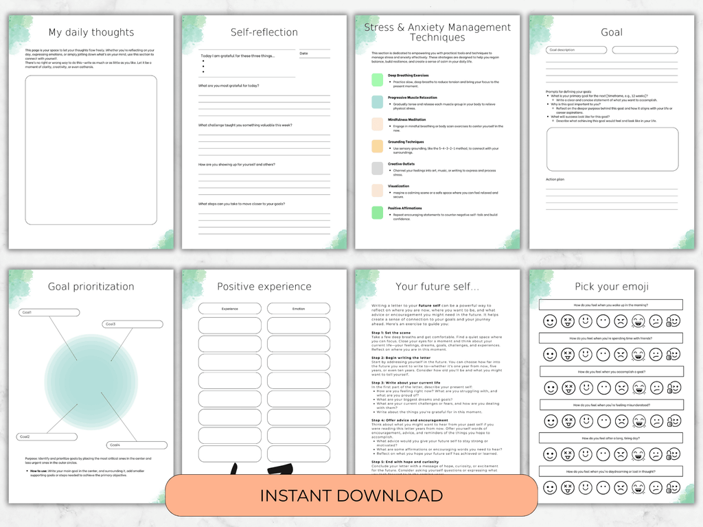 Set of self-reflection and goal-setting worksheets with a green and white color scheme.