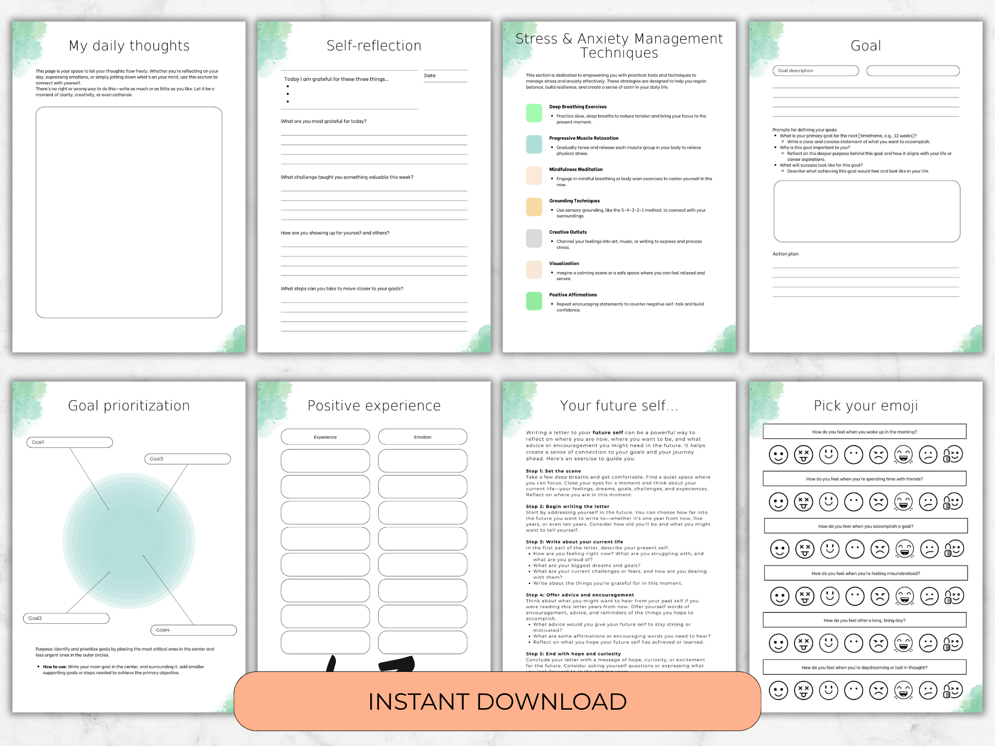 Set of self-reflection and goal-setting worksheets with a green and white color scheme.