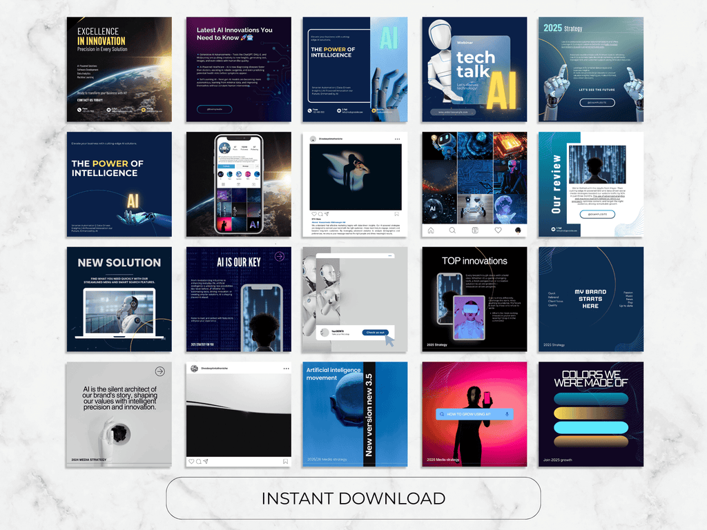 Collection of digital brochures and posters with various designs on a marble background.
