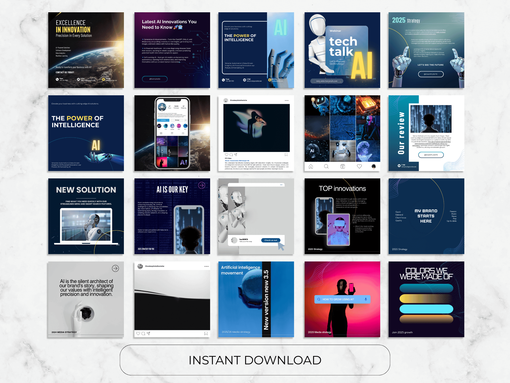 Collection of digital brochures and posters with various designs on a marble background.