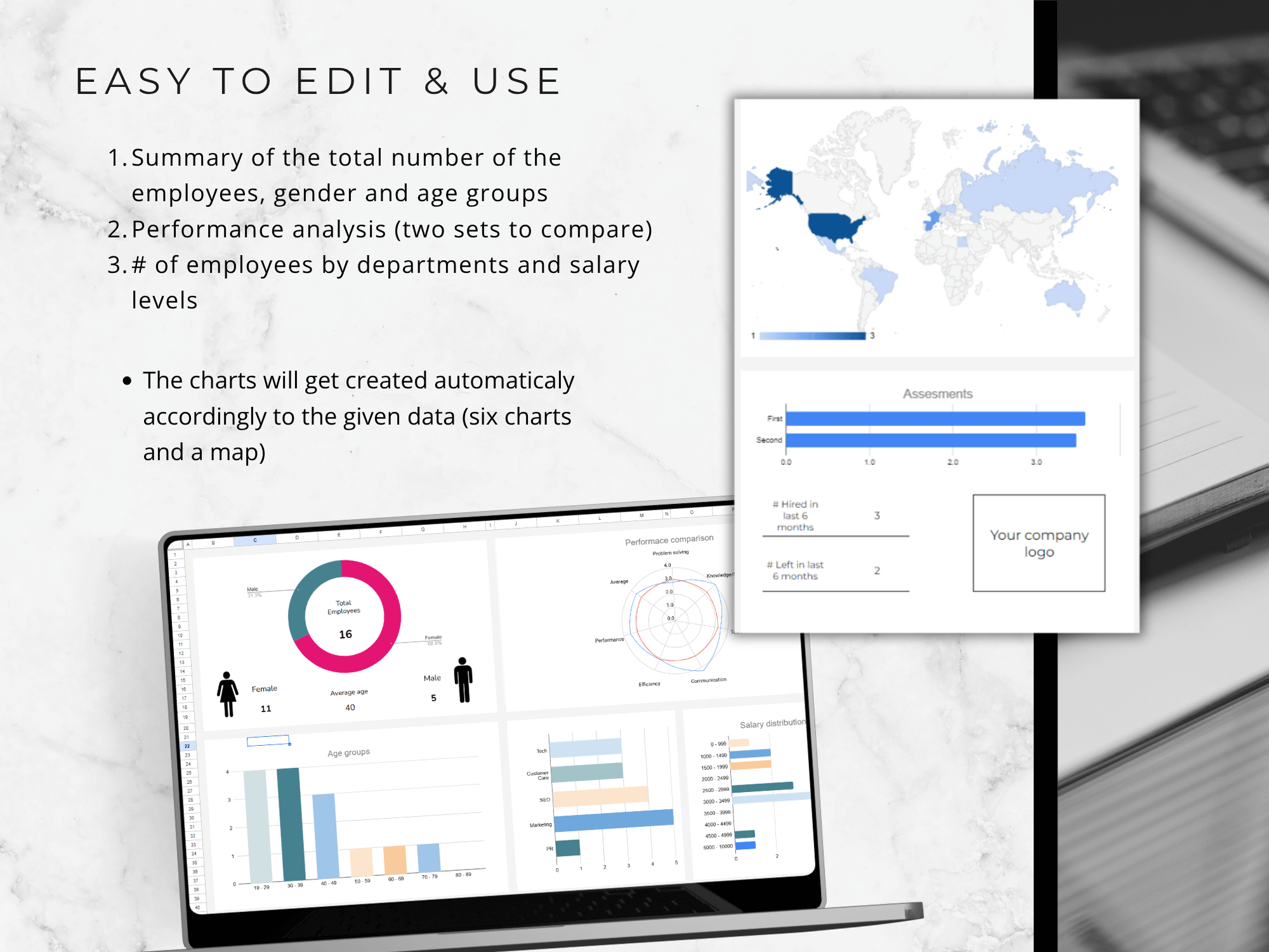 Laptop displaying statistical charts and graphs with a world map on a white background.