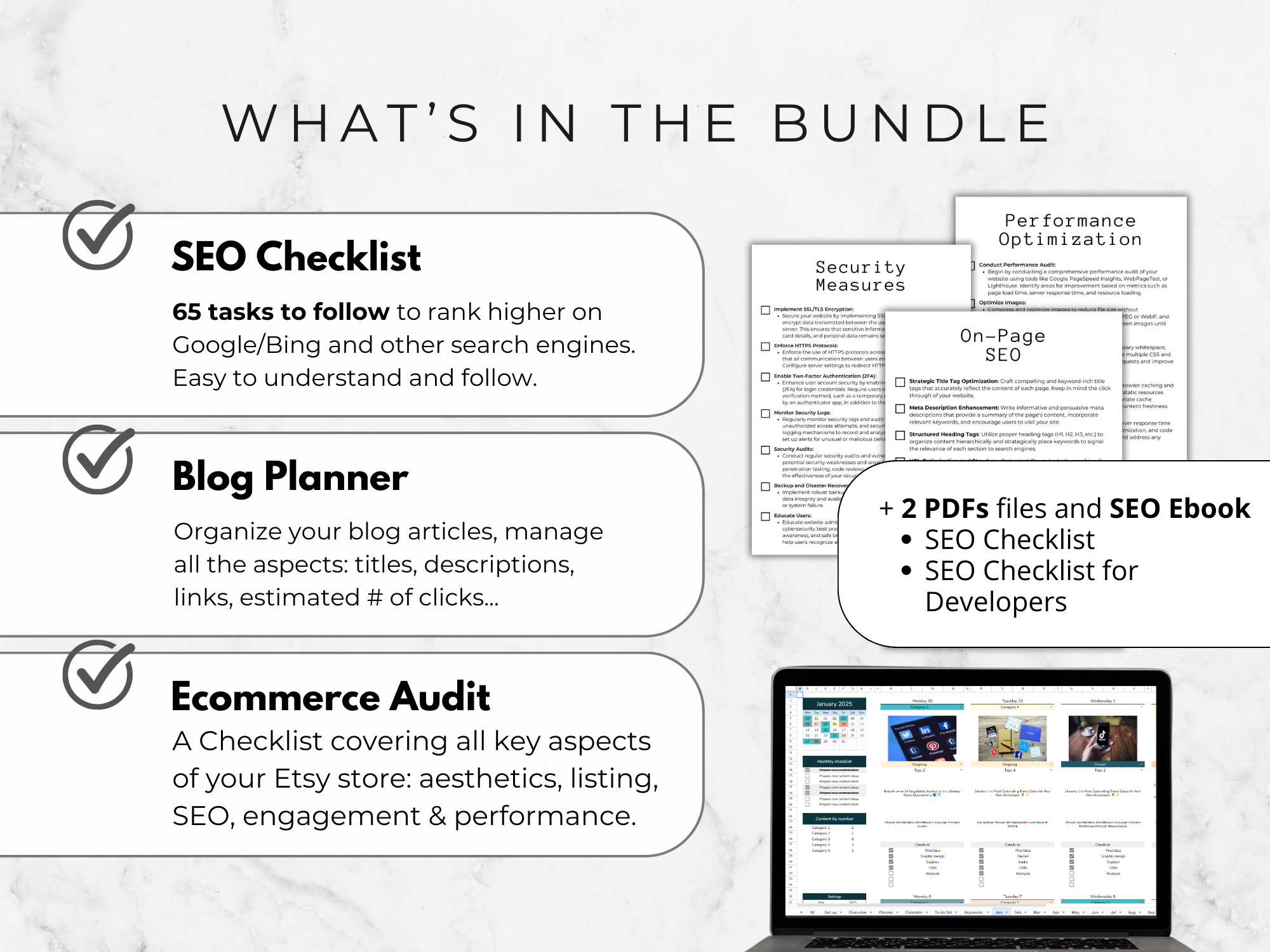 Promotional graphic of a digital bundle with SEO Checklist, Blog Planner, and Ecommerce Audit tools.