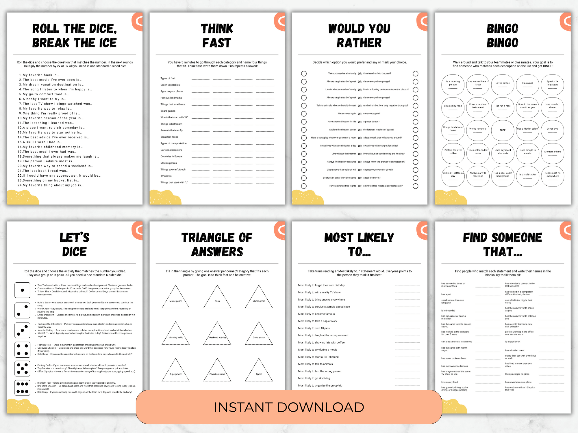 Collection of game cards with various activities on a white background