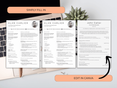 Three resumes on a desk with a laptop and plant, labeled 'Simply Fill In Alan Carlier' and 'Edit in Canva'.