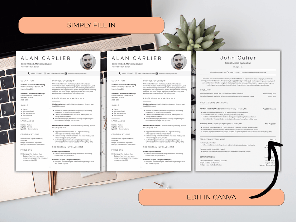 Three resumes on a desk with a laptop and plant, labeled 'Simply Fill In Alan Carlier' and 'Edit in Canva'.