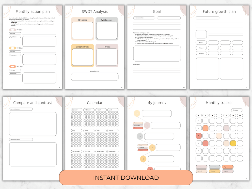 Collection of planning sheets with various sections on a white background